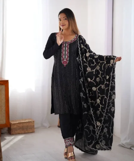 Women's Chinon Silk Sequence And Thread Work Straight Kurti With Pant and Dupatta Set