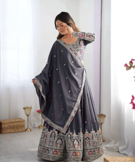 Women's Crepe Silk Sequence Embroidery and Zari Work Rajsthani Lehenga Choli with Dupatta