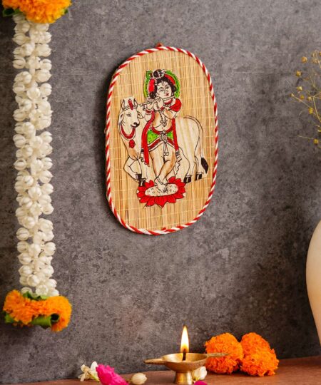 Oval Shaped Design Bamboo Hand Crafted Wall Hangings Of Bal Gopal With Holy Cow For Home Decor | Bamboo Art For Wall Decor