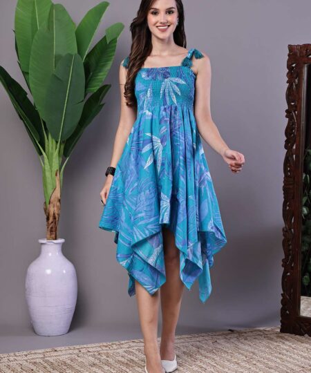Women's Blue Printed Asymmetrical Hem Smocked A-Line Dress Midi Dresses