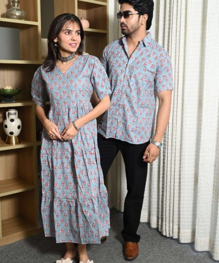 Couple Matching Sky Blue Cotton Anarkali Midi Dress and Shirt Set ? Pink Floral Print